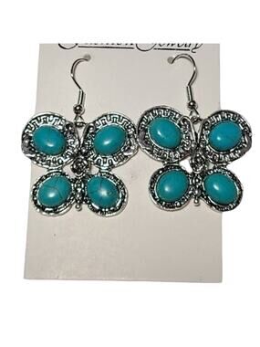 Silver Turquoise Stone Butterfly Dangle Drop Fashion Earrings